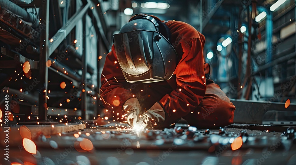 Poster structural welder using tig welding to join delicate metal components in a custom architectural proj