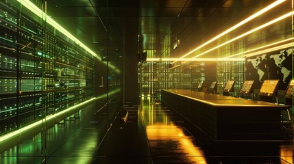 Sophisticated data center monitoring gold trading transactions worldwide.