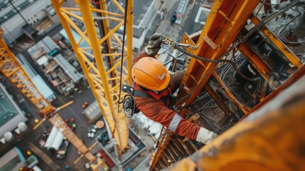 Structural welder working high above the ground on a crane-supported platform, focusing on the height and risk involved.