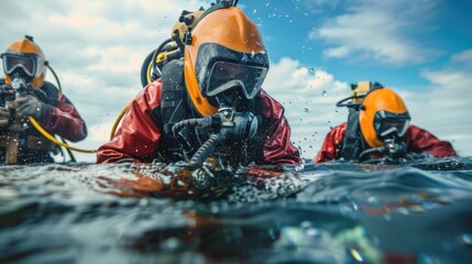 Team of underwater welders entering the water, preparing their tools and safety gear, focus on teamwork and preparation.