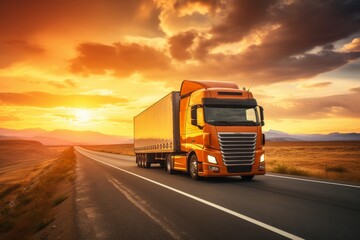 Global transportation tech  business logistics, import export, container cargo truck on highway