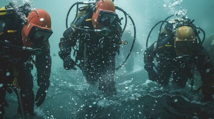 Team of underwater welders entering the water, preparing their tools and safety gear, focus on teamwork and preparation. - Powered by Adobe