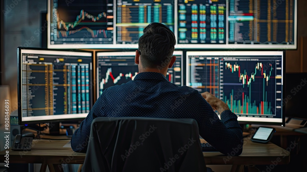 Aufkleber trader analyzing gold market trends on multiple screens filled with financial data.