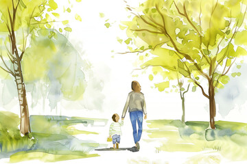 Watercolor illustration of mother and her child walking hand in hand through the park
