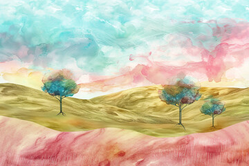 psychedelic landscape with trees and hills, soft colors, blue, pink, green and orange, a dreamy sky