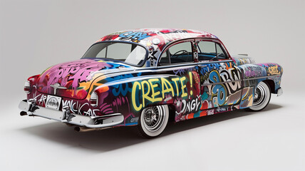 Retro Car with Graffiti and the Word Create! Written on It. Realistic vintage car concept illustration.
