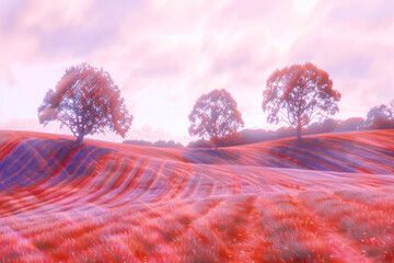 psychedelic landscape with trees, fields, hills, soft colors, brown, pink, purple, orange, a dreamy sky, gradient