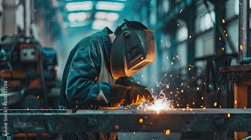 Poster young apprentice practicing welding in a workshop, focusing on sparks and intense concentration.