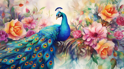 Produce a watercolor background featuring a majestic peacock with its feathers displayed, set against a floral backdrop