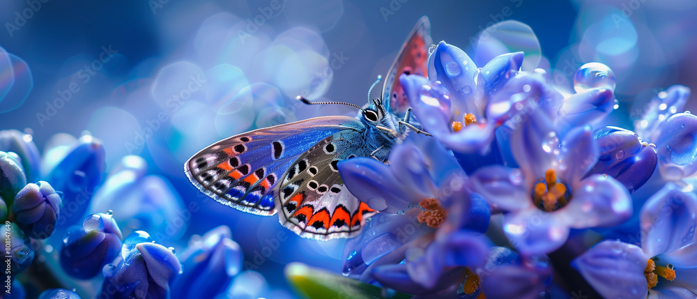 Sticker butterfly in blue flowers field