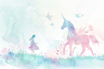 whimsical watercolor illustration, girl with Unicorn with pink mane, surrounded by blooming flowers and flying fairies