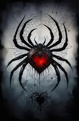 eerie black spider with red heart on its back weaving lace web with small hanging black heart from it against background in grey hues. concepts: gothic aesthetic, gothic rock, metal, Halloween, horror