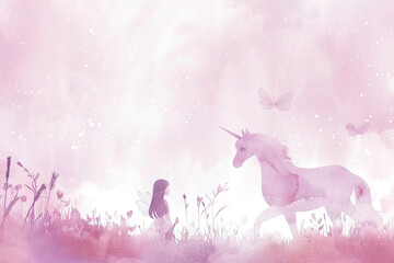 whimsical watercolor illustration, girl with Unicorn with pink mane, surrounded by blooming flowers and flying fairies