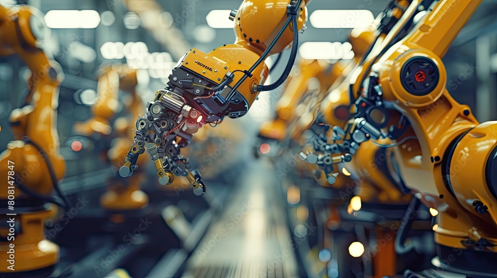 Poster robot arm is shown in a factory setting, with a yellow robot on the left