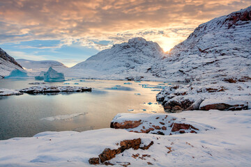Hurry Inlet at dusk - King Christian X Land on the east coast of Greenland.