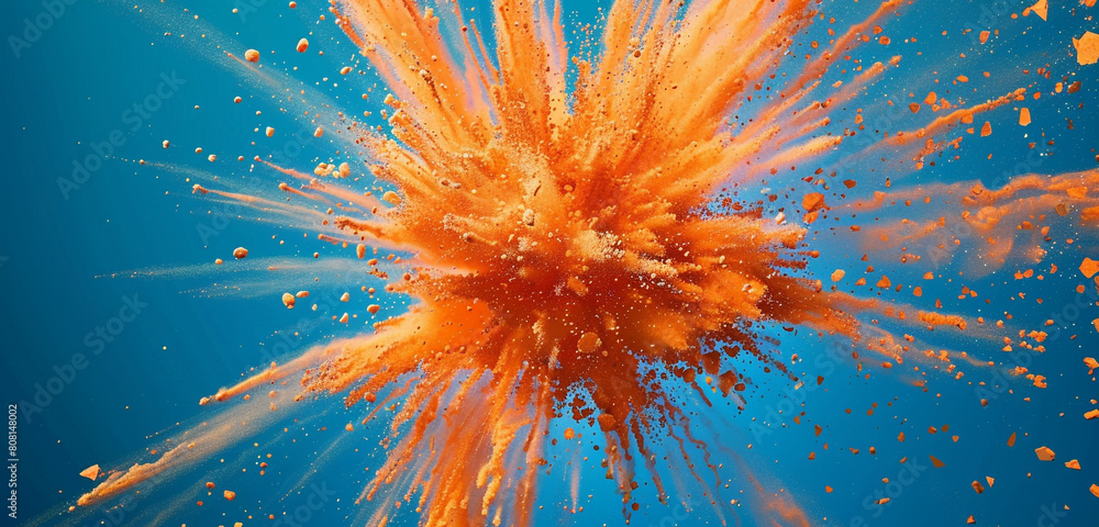 Poster orange chalk particles exploding dynamically on a blue background.
