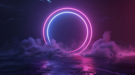 A cosmic landscape rendered in 3D, featuring a round portal emitting pink and blue neon light. Evoking a sense of virtual reality and energy, it frames a dark space with a glowing round frame 
