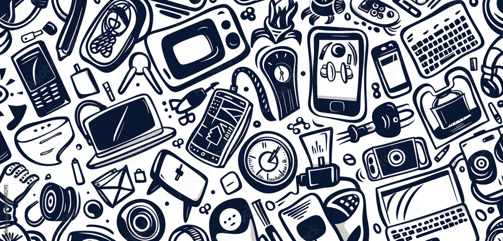 Poster monochrome tech doodle pattern in a seamless and abstract design.
