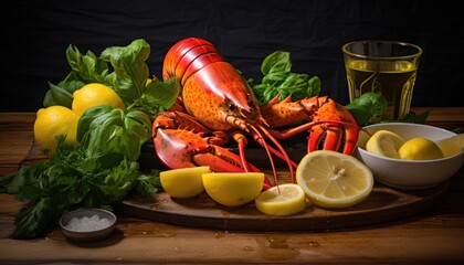 A lobster displayed on a wooden board with fresh lemons and herbs, ready for a delicious meal