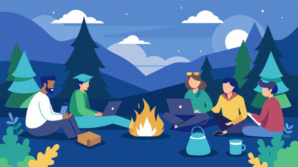 Fototapeta premium A group of digital nomads huddled around a campfire in a remote forest discussing strategies for paying off their student loans.. Vector illustration