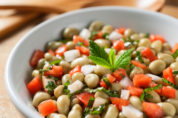 overhead view of green bean and mint salad