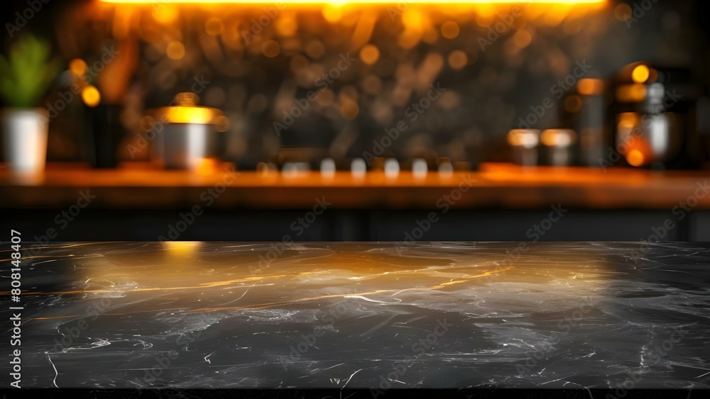 Poster bokeh kitchen background with empty dark marble table for product display. concept product photograp
