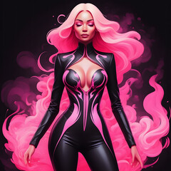 light-skinned woman in a spectacular black suit decorated with a pink bodysuit, the body is shrouded in smoke dark background feeling of movement