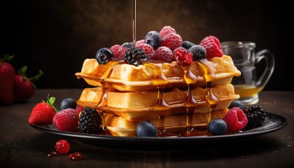 A plate holds fluffy waffles topped with syrup and fresh berries