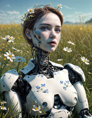 robot woman with flowers in her hair stands in a field of daisies.
