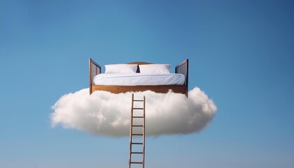  Surreal floating bed on a cloud with ladder against a blue sky, symbolizing peace, dream, and relaxation