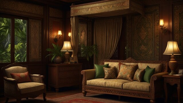 Luxurious Javanese Interior. Exquisite teakwood carvings, ornate batik textiles, intricate golden accents, opulent traditional Javanese furniture