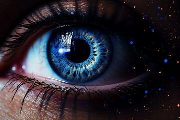 Close-up of an eye overlaid with the texture of a starry night sky