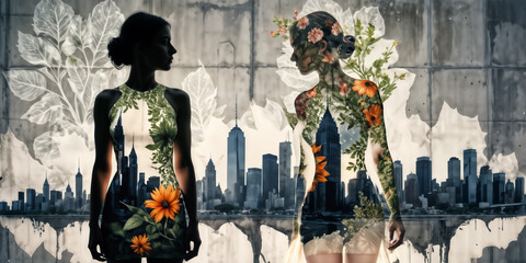 two women with their bodies covered in leaves and flowers. The background is a cityscape.