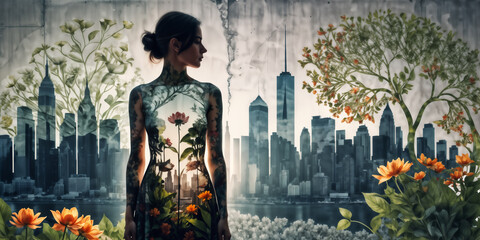 woman with tattoos stands in front of a cityscape. Her back is adorned with a garden of flowers, and she faces away from the viewer. The image is a digital painting.