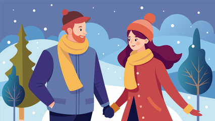 A couple on a romantic walk bundled up in scarves and hats enjoying the crisp winter air..