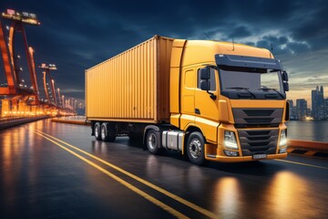Global logistics technology  container cargo truck on highway, transportation industry concept