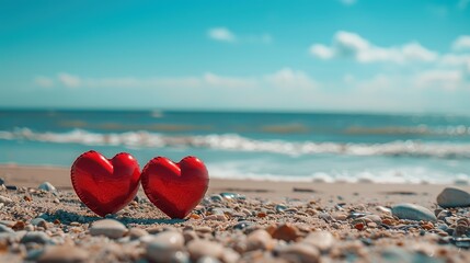 a pair of two red hearts on the beach, with a blue sea background.