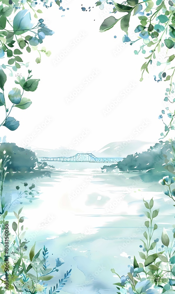 Poster vertical watercolor postcard with a mountain landscape framed by a botanical frame with free space f