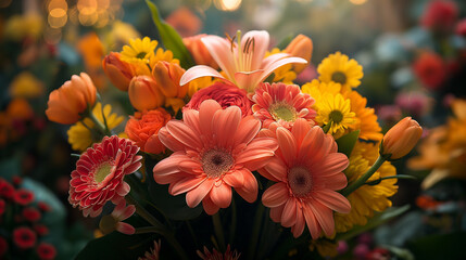 A close-up shot capturing the intricate details of floral arrangements at the flower fair, with vibrant petals, delicate stems, and lush foliage creating a visually stunning and ca