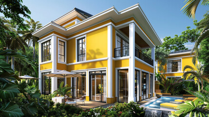 An image depicting a modern villa with a radiant sunshine yellow exterior, accented by white trim and surrounded by a lush, tropical garden. 