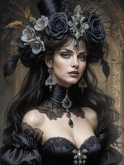 A woman wearing a black dress and a flower crown, artstyle, gothic fantasy art, princess portrait