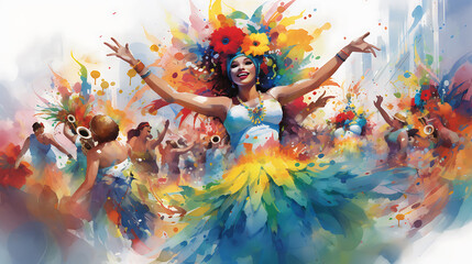 Produce a watercolor background featuring a colorful Brazilian carnival parade with dancers, floats, and festive decorations