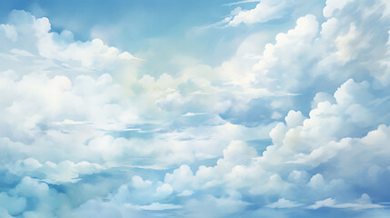 Soft, fluffy clouds made of light blue and white watercolor splashes, floating in a clear sky