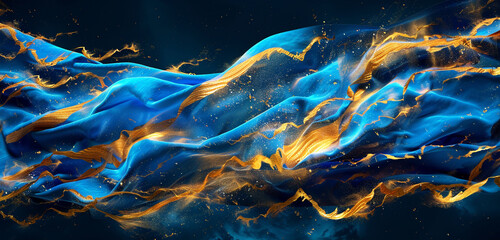 Waving abstract flag backdrop to an intense clash of blue and gold bolts.
