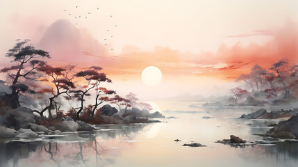 Soft watercolor washes in hues of dawn, portraying the quiet before the world wakes