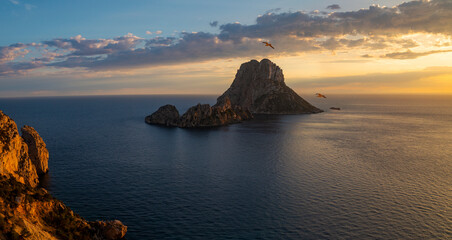 Es Vedra island sunset panoramic view, Sant Josep de Sa Talaia, Ibiza, Balearic Islands, Spain