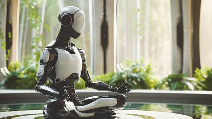 Futuristic robot in meditative pose by a sunny window with shimmering light particles. Emotional intellect concept