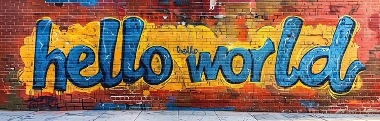 graffiti saying "hello world" colorful a brick wall with spray paint