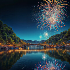 beautiful night scene with a river and a bridge, and colorful fireworks lighting up the sky.