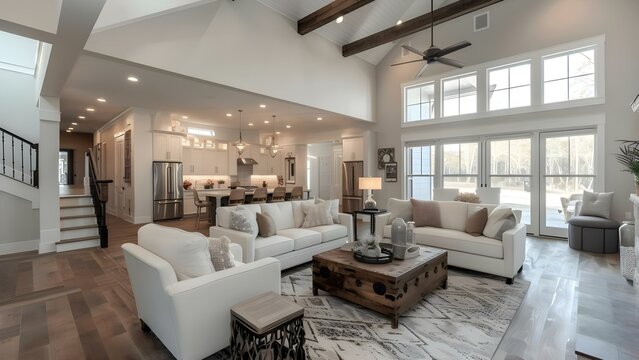 Elegant living room in new home featuring open floor plan and vaulted ceiling. Concept Living Room Design, Open Floor Plan, Vaulted Ceiling, Elegant Decor, New Home